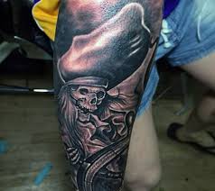 Original jolly rogger skull with two knifes, bones and rope for hanging Terrific Pirate Skull Tattoo On Arm