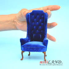 Luxurious Elegant Quality Tall Wingback Chair Royal Blue Velvet For Dollhouse Miniature 1 12 Scale