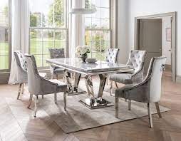 This is refectory marble dining table with light grey chairs by dining sets on vimeo, the home for high quality videos and the people who love them. Vida Living Arturo Large Grey Marble Dining Table And Chairs Chrome And Champagne Velvet Grey Dining Tables Dining Table Marble Marble Top Dining Table