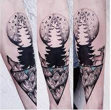 Cute Looking Colored Forearm Tattoo Of Big Moon With Tree And Forest Animals Forearm Tattoo Sky Tattoos Arm Tattoos Animal