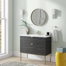 Double sink bathroom vanity cabinets are often mounted one above the other with space left for towels (and bottle traps) between. 40 Modern Bathroom Vanity Smug Oak Wood Gold Handle And Legs 40 X 33 X 18 Cabinet Sink Overstock 30330317