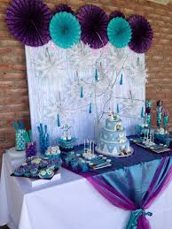 Why not combine multiple shades of blue, grey and white. Createdtoparty Com Frozen Candy Buffet Frozen Themed Birthday Party Frozen Bday Party Frozen Birthday Party Decorations