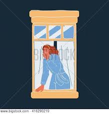 Campaign stay at home with woman looking out the window. Illustration Woman Vector Photo Free Trial Bigstock