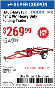 See more ideas about trailer, kayak trailer, utility trailer. Haul Master 1195 Lb Capacity 48 In X 96 In Heavy Duty Folding Trailer For 269 99 Harbor Freight Coupons