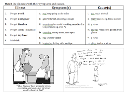 Exercises focus on related vocabulary, listening and reading comprehension and skills, prefixes and suffixes and conversation around the topic. Illness Symptom Cause Matching Worksheet Esl Efl English Current