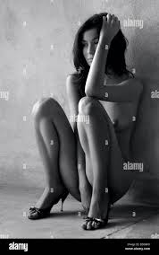 1253679 Menschen eine Frau Modell 25 30 Erwachsenen Brünette Brust Busen  Büste Sit hocken Schuh Schuhe heel Heels Nacktheit Nacktheit nackt Bo  Stockfotografie - Alamy