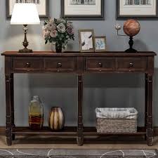 Harper Bright Designs Espresso Console Table With Drawers And Shelf Wf191266aap The Home Depot In 2020 Wood Console Table Wood Furniture Living Room Mirrored Console Table