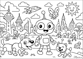 A family of robots in a futuristic city - Robot Coloring Pages
