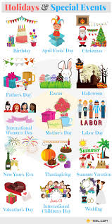 List Of Holidays Holiday Vocabulary Words In English 7 E S L English Vocabulary Learn English Kids English