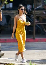 Emily Ratajkowski Brightens Up The Day In Canary Yellow Slip Dress Dress Sneakers Outfit Fashion Dress With Sneakers