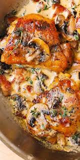 Looking to impress your friends at a dinner party? Chicken Thighs With Creamy Mushroom And Bacon Sauce Chicken Dinner Recipes Chicken Recipes Recipes