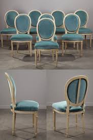 Set Of Eight Blue Velvet Reupholstered Chairs With Green Grey Lacquered Structure The Wooden Structure Is Decorated With Flutes A Meuble Relooking Meuble Deco