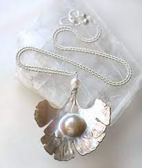 Items Similar To White Long Statement Necklace Carved Mabe Pearl Ginkgo Leaf Sterling Silver Shinsei On Etsy Silver Jewelry Fashion Pearls Girls Jewelry