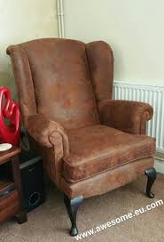 Faux Leather Suede Fabric Used To Blend In This Newly Reupholstered Wing Chair To Customers Existing Leather Sofa Upholstered Chairs Chair Wing Chair