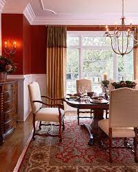 Cozy Red Dining Room Persian Carpet Chair Rail Half Red White Wall Gold Curtains Better Decorating Bibl Red Dining Room Dining Room Colors Dining Room Curtains