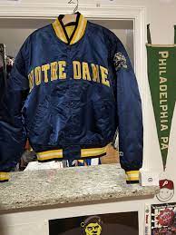 Vintage Mens Large Navy Blue Notre Dame Fightin Irish Satin Etsy Bomber Jacket Jackets Notre Dame