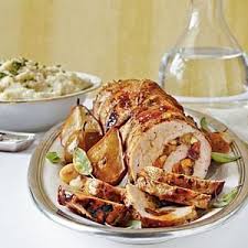 Spicy Fruit Stuffed Pork Loin Roasted Pears Onions Recipe Recipe Holiday Entrees Entree Recipes Recipes