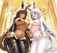 fins (pixiv29142276), blanc (nikke), noir (nikke), goddess of victory: nikke,  absurdres, highres, 2girls, animal ears, areola slip, blush, breasts, brown  hair, covered erect nipples, crotchless, crotchless pantyhose, dark