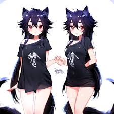 ejami, ekko (ejami), original, chinese commentary, commentary request,  2girls, ahoge, animal ears, arm at side, arm behind back, black hair, black  shirt, blush, clothes writing, covered navel, cowboy shot, dated, fox ears,