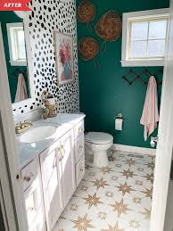 Before And After This Funky 100 Bathroom Redo Uses Paint In Cool Surprising Ways In 2020 Small Bathroom Redo Bathroom Redo Small Bathroom Decor