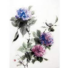 Japanese Ink Painting Suibokuga Sumi E Asian Art Japanese Art Rice Paper Painting Blue Hydrangea And Snail Ink Painting Japanese Art Japanese Watercolor