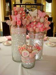 Christening Centerpieces Made From Tall Cylinder Vases Water Beads And Lots Of Sweets Follow Us For More Planni Edible Centerpieces Baby Shower Shower Party