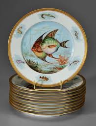 A Set Of Ten Limoges Porcelain Fish Plates Hand Painted Central Madallions With Various Species Of Saltwater Fish And Underwater P Fish Plate Plates Porcelain