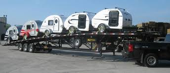 Rv transport companies do allow you to haul part time and you can just pull a few if i didn't have such a good job i would be all over that!!! Kaufman Wedge Car Hauler Hauling 5 Little Guy Campers See All Of Our Car Trailers At Www Kaufmantrailers Com Car Trai Car Trailer Car Hauler Trailer Trailer