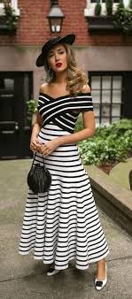 Black And White Striped Off The Shoulder Dress A Guide To Black And White Dressing Black And White Strip Off The Shoulder Dress White Chunky Kitten Heel Blac Fashion White Striped Dress Stylish Dresses