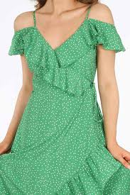 Green Polka Dot Print Cold Shoulder Wrap Dress Dressed In Lucy