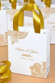 20 Mehendi Design Bags With Gold Satin Ribbon Handles Names Etsy Wedding Gifts For Guests Indian Wedding Favors Wedding Favor Bags