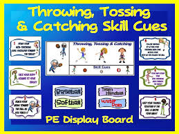 Throwing Tossing And Catching Skill Cues Pe Display Board Physical Education Activities Teaching Skills Physical Education Bulletin Boards