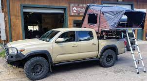 Tacoma Double Cab With Bedrack And Ikamper Skycamp Rooftop Tent Roof Top Tent Overland Gear Tacoma Truck