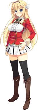 yuuki hagure, elcia harvence, koikishi purely kiss, absurdres, highres,  non-web source, 1girl, black thighhighs, blonde hair, blue eyes, blush,  boots, brown boots, female focus, framed breasts, full body, hair ornament,  hairband, hand