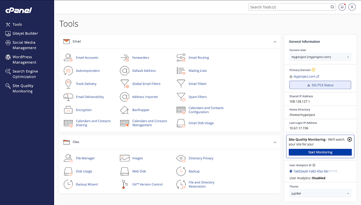 Intuitive cPanel control panel interface included with shared web hosting, AI generated