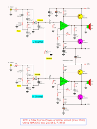 Here is the circuit's schematic diagram Tda2050 Amplifier Stereo 35w 75w