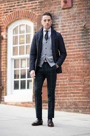 Black And White Checkered Pants Outfit Men Navy Jacket Gray Sweater White Dress Shirt Gray Tie Plaid Pants Penny Loafers Black Pants Outfit Mens Black Watch Tartan Pants Outfit Men