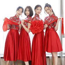 Chinese Traditional Women Wedding Bridesmaid Dress Elegant Red Cheongsam Summer Wedding Bridesmaid Dresses Bridesmaid Dresses Chinese Wedding Dress Traditional