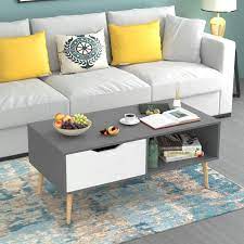 The tv stand features a modern design with two doors and a drawer offering lots of space for storing your multimedia items and accessories. Amazon Com Homfa Coffee Tables For Living Room Tv Stand Wooden Console Table Sofa Side Table 2 Tier With Storage Shelf And 1 Drawer Modern Furniture For Home Office Gray Kitchen Dining