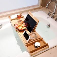 Expandable bathtub tray caddy with bathroom wine glass racks reading holder. Bathtub Caddy Tray Adjustable Bamboo Spa Bathtub Caddy Organizer Book Wine Glass Holder Tablet Or Smartphone Bracket Ba Shopee Malaysia
