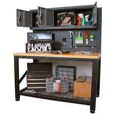 Homak Garage Series 5 Ft Industrial Steel Workbench With Cabinet Storage Gs00659031 The Home Depot Workbench With Storage Steel Workbench Garage Work Bench