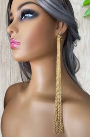 1 Pair 8" Long Gold Tone CLIP ON Waterfall Chain Tassel Drop Earrings