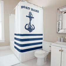 Nautical Boat Name Anchor Navy Blue White Stripes Shower Curtain Zazzle Com In 2020 Striped Shower Curtains Boat Names Nautical Bathroom Accessories