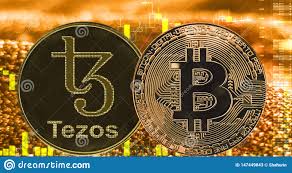 Coins Cryptocurrency Tezos Xtz Bitcoin On Golden Chart