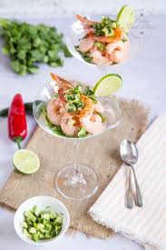 Looking Down On Two Cocktail Glasses With Prawns Covered In Cocktail Dressing Garnished With Finely Diced Avocado Prawn Cocktail Yogurt Recipes Frozen Yogurt