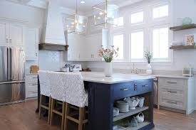 Kitchen island in industrial style. Navy Blue Kitchen Island With Open Shelves Cottage Kitchen