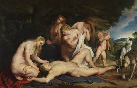 The graces themselves seem to be standing on a patch of barren or cleared land, and in the foreground are a few weak looking weeds. The Death Of Adonis With Venus Cupid And The Three Graces Painting By Peter Paul Rubens Reproduction Ipaintings Com