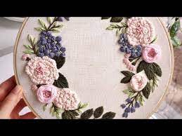 3 Peach Blossom And Blue Hydrangea Pattern April Wreath Embroidery For Beginne Embroidery For Beginners Flower Embroidery Designs Hand Embroidery Designs