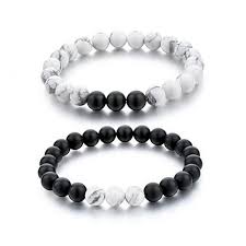 Bead Bracelet Clipart Black And White Set Of Two Couple Black Matte Agate White Howlite 8mm Beads Bracelet Wristband Jewelry Beaded Bracelets Bracelets For Men