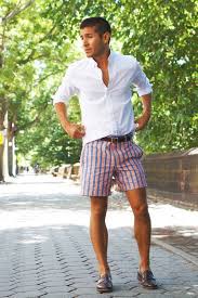 Black And White Striped Shorts Outfit Men Men S White Long Sleeve Shirt White And Red And Navy Vertical Striped Shorts Dark Brown Leather Loafers Dark Brown Leather Belt White Short Dress Red Shirt Outfits Loafers Men Outfit